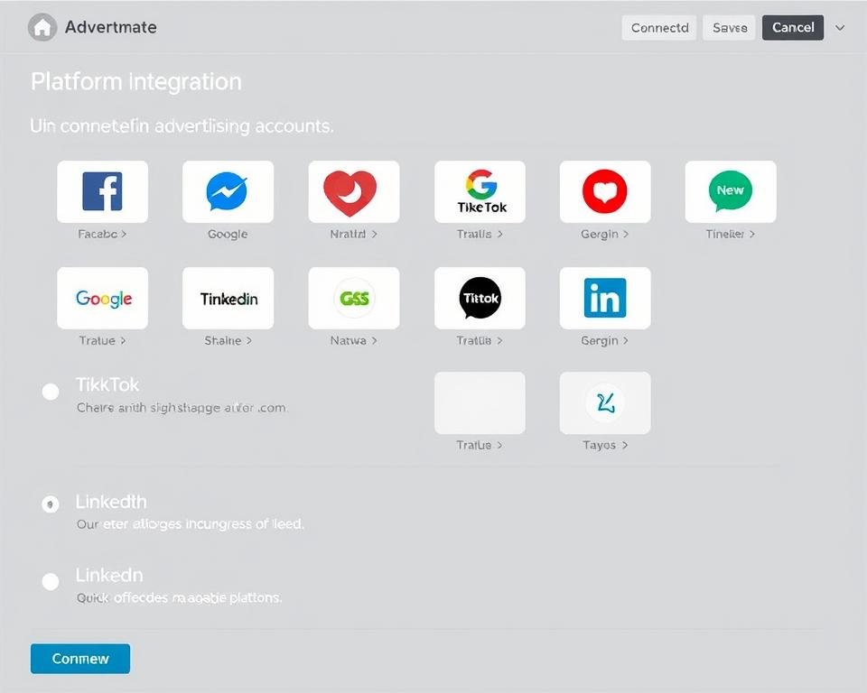 Advertmates-platform-integration-page-showing-connected-advertising-accounts Advertmate's platform integration page showing connected advertising accounts